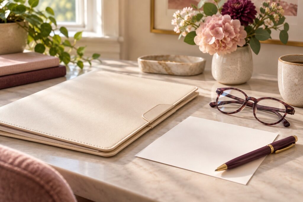 Ivory folder, blank note card, reading glasses, and a plum pen ready for appointment notes