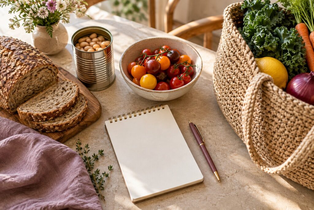 Meal-planning notepad with tomatoes, beans, bread, and a grocery bag on a kitchen table