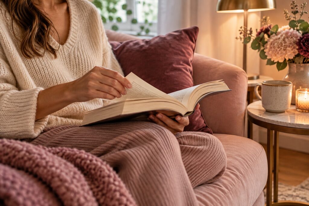 Adult woman turning the pages of a paperback on a blush sofa beside a reading lamp