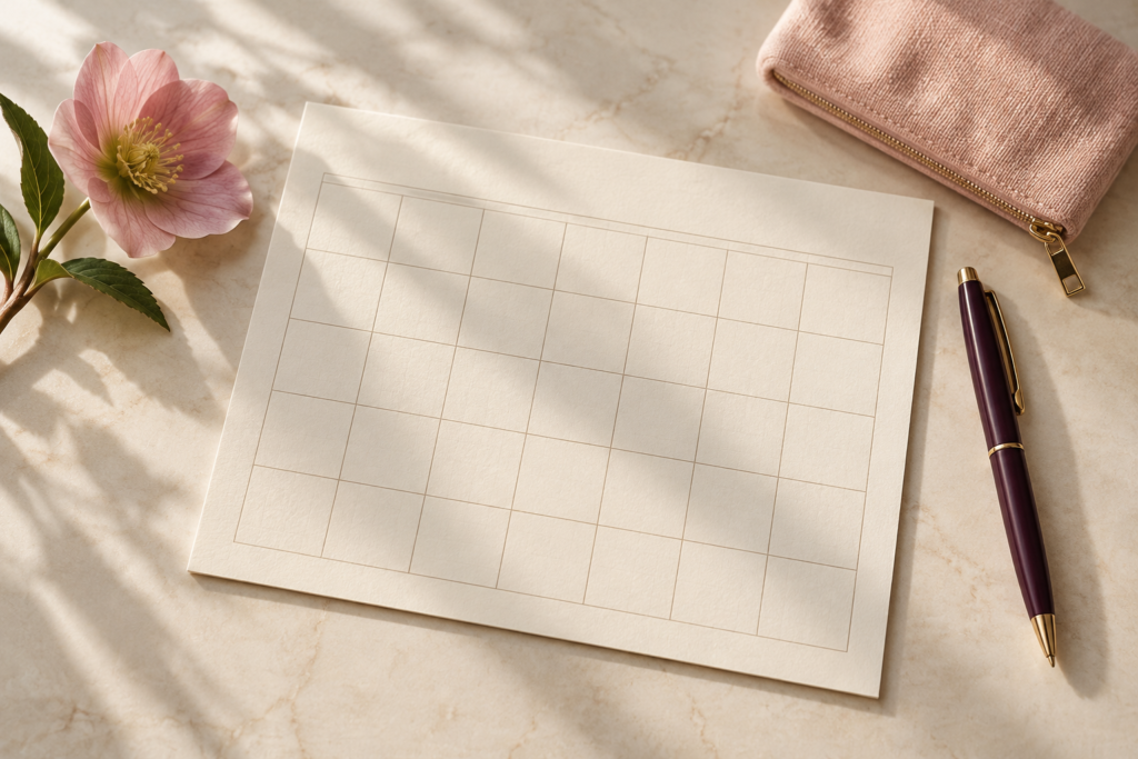 Blank paper calendar and plum pen for a menstrual symptom tracker