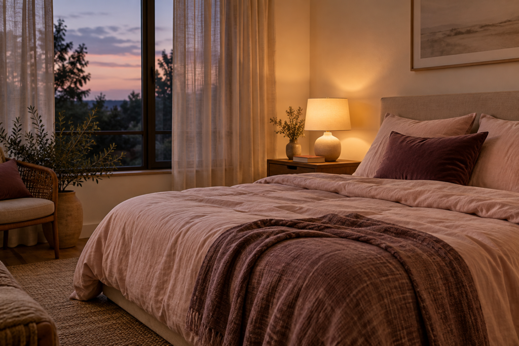Quiet bedroom with a bedside lamp, closed book, and pink linen for a wind-down routine