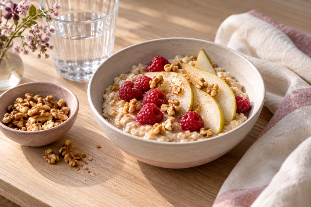 Oatmeal topped with pear, raspberries, and walnuts for a fiber breakfast