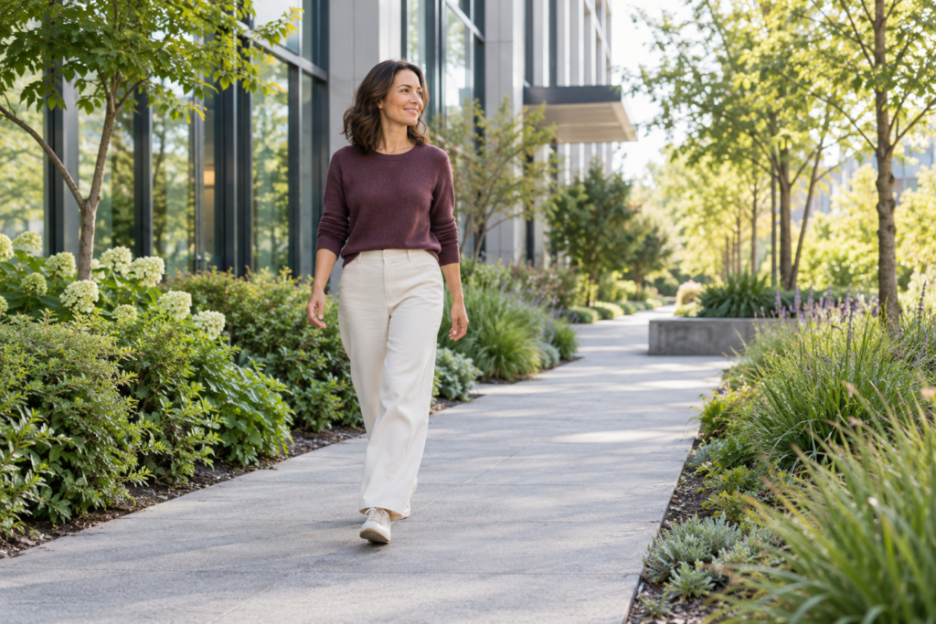 Woman taking a walking movement break on a garden path beside an office