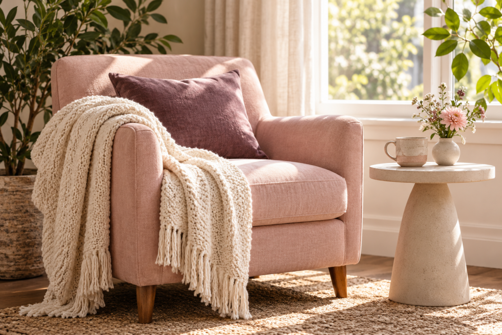 Pink armchair with a knitted throw, tea, and flowers in a quiet self-care corner