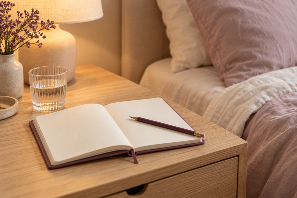Blank sleep diary and plum pencil beside a glass of water on a bedside table