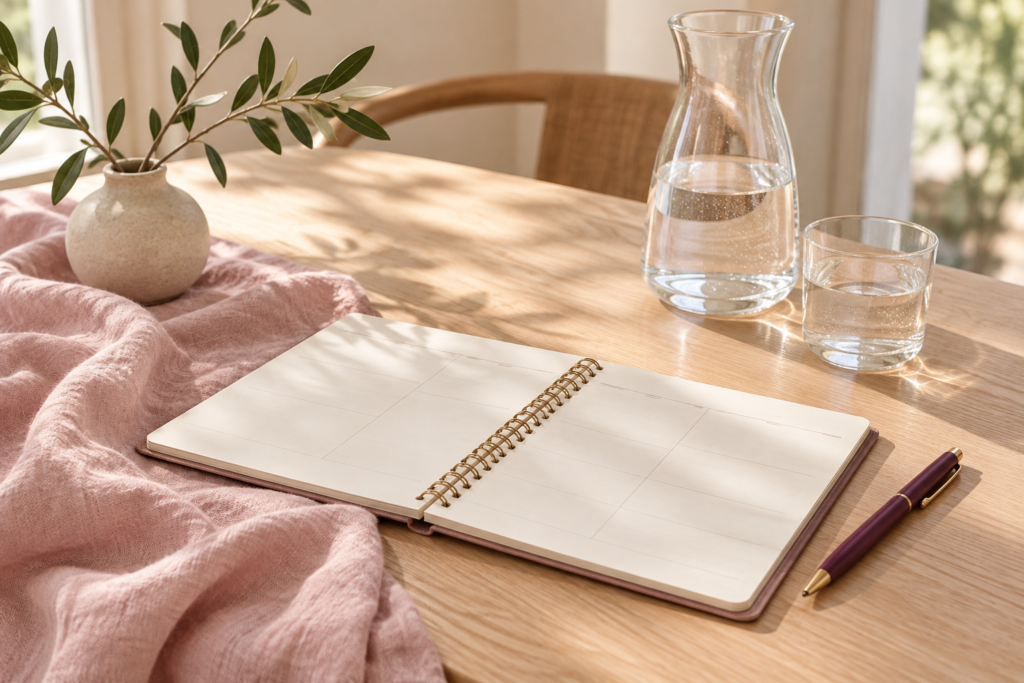 Open weekly planner with a plum pen, water carafe, and glass