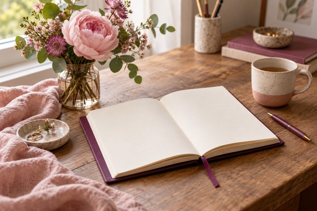 Open plum journal with blank pages, a pen, pink flowers, and a ceramic mug