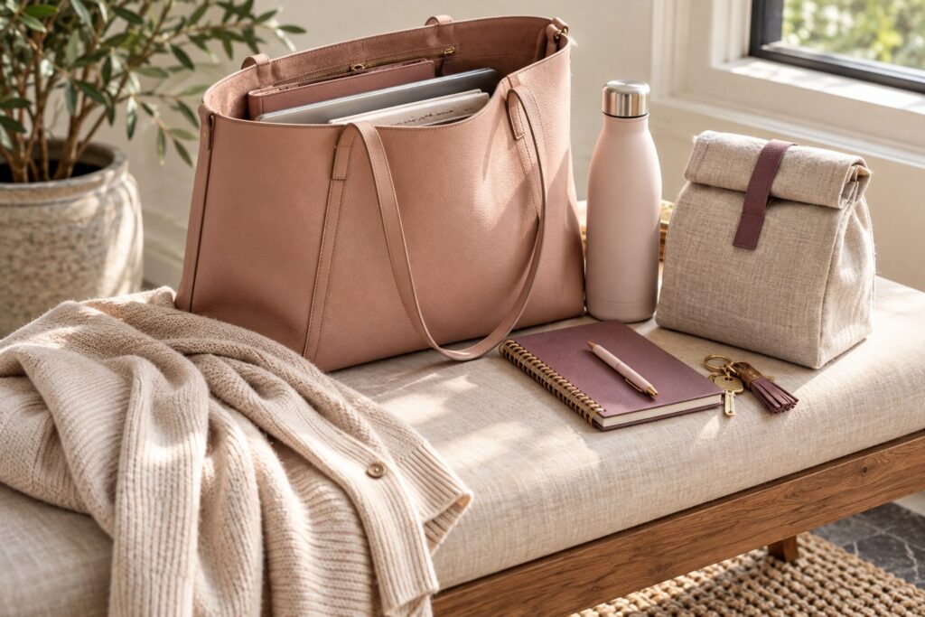 Blush work tote with a water bottle, lunch bag, cardigan, notebook, and keys